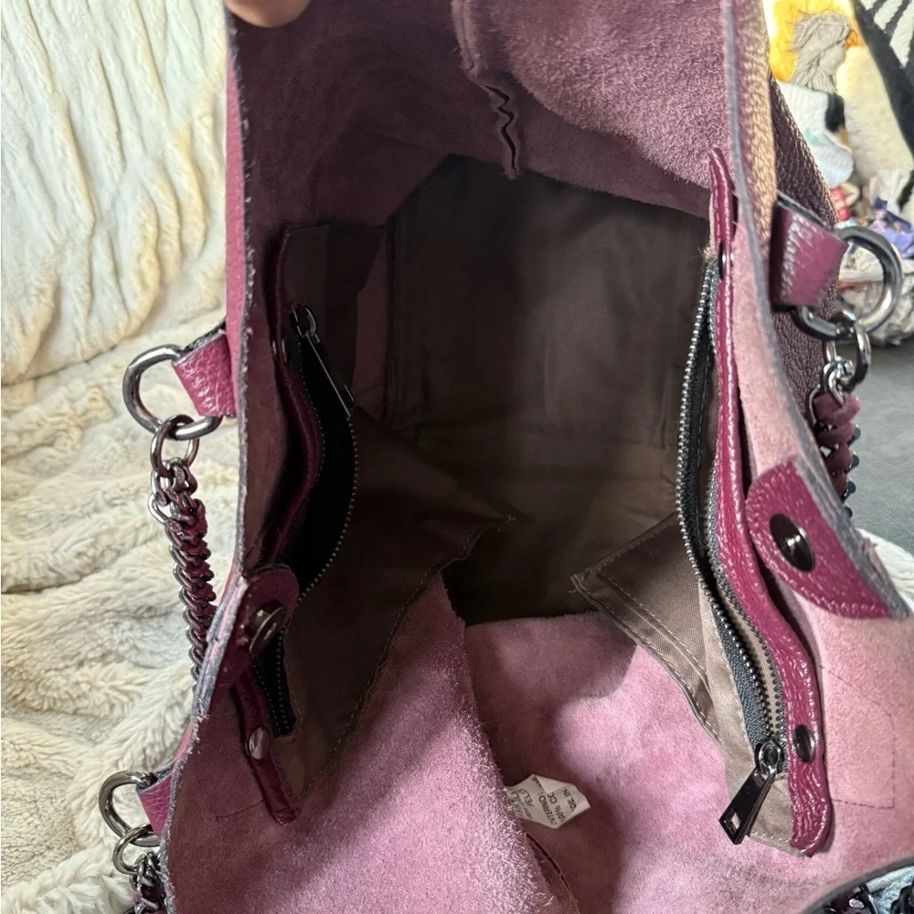 White on 8 Made in Italy Burgundy Leather SatchelTote Bag  Gunmetal Chain Straps